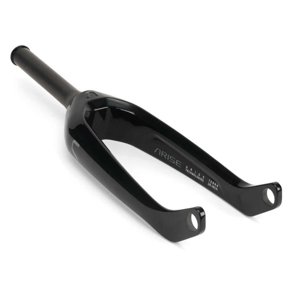 Close-up of a sleek black fork, featuring the "Arise Terra" name, crafted from lightweight carbon fiber.