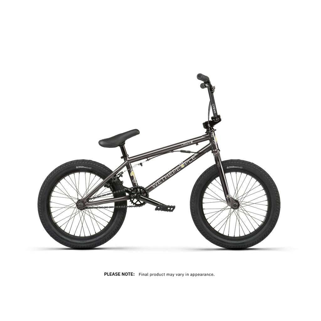 The Wethepeople CRS FS 18 Inch Bike, shown in profile against a white background, is a black BMX freestyle bike with thick tires, a padded seat, and freestyle handlebars—perfect for park shredding.