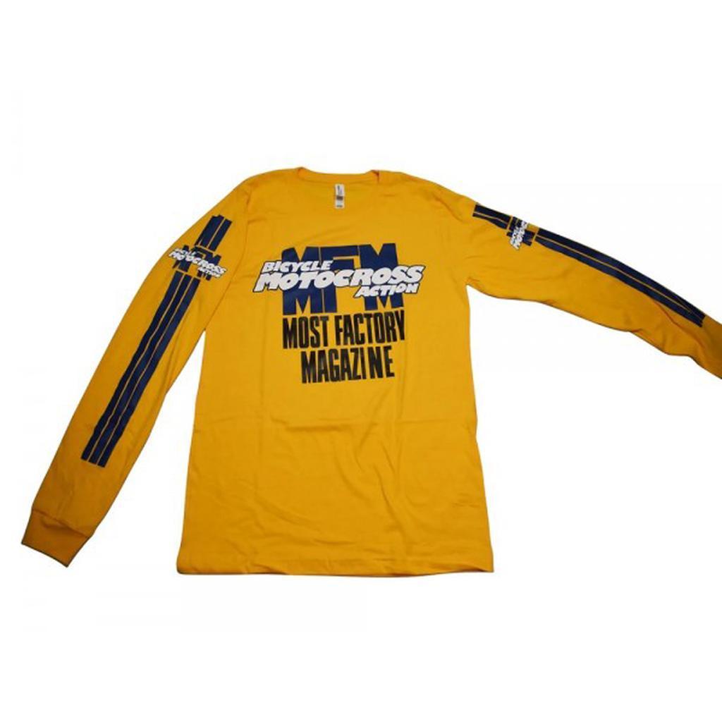 The MCS BMXA Logo Jersey is a yellow long-sleeve top with blue stripes on the right sleeve, made from soft Airlume Cotton and features “Bicycle Motocross Action Most Factory Magazine” in bold blue letters on the front.