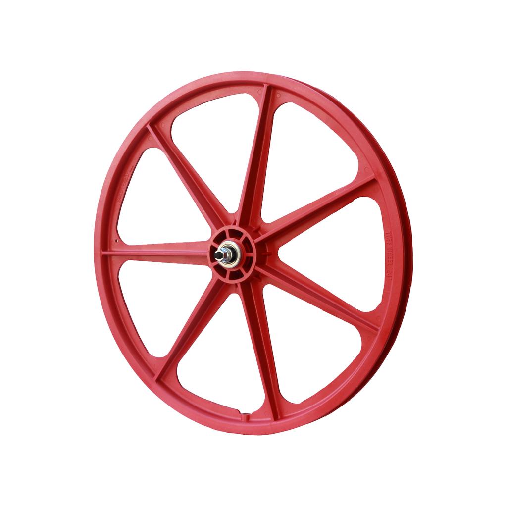 The SKYWAY TUFF II 24" Front Wheel is shown in red with a central metal hub, viewed from the side against a white background.
