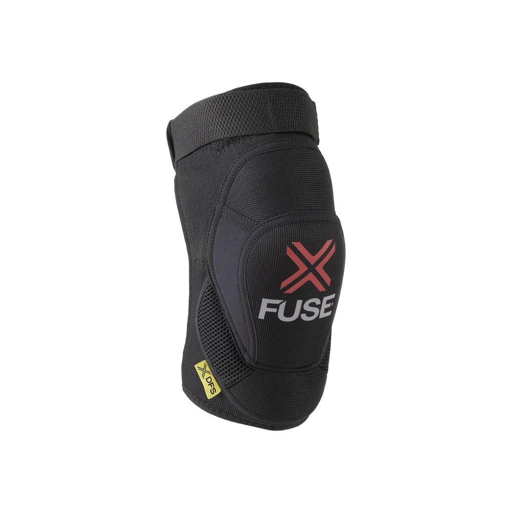 The Fuse Delta DFS Knee Pads (Pair) feature black padding with a red and white logo, mesh side panels, a yellow "DF3" tag near the bottom, and memory foam for enhanced comfort and support.