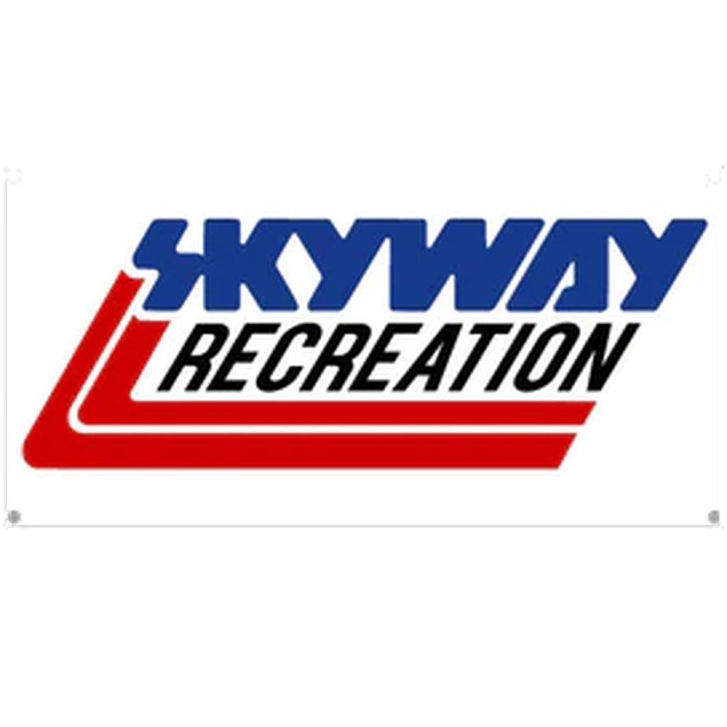 The image displays the Skyway Recreation Banner with blue and black text and red angled lines, ideal for outdoor use as a waterproof sign or as a stylish banner for your man cave.