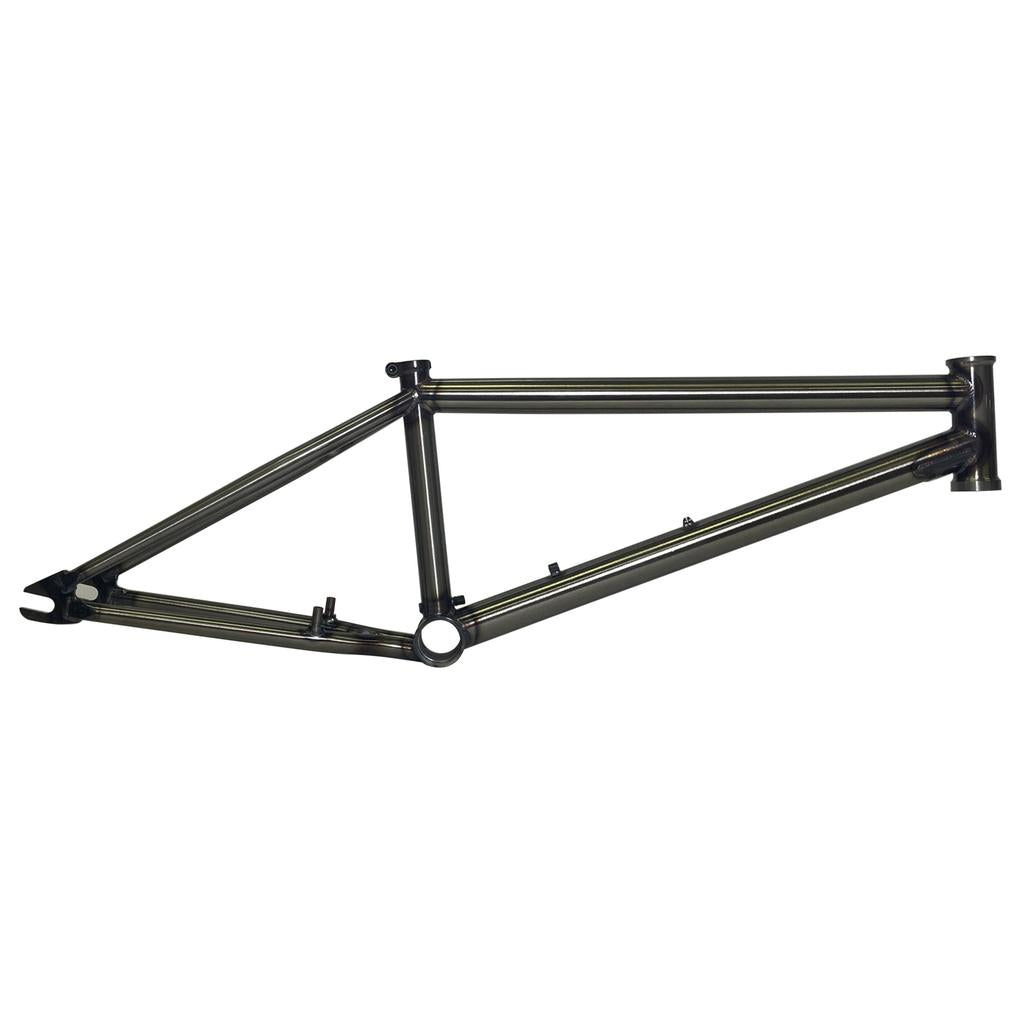 The S&M Rambler Thru N Thru Frame (Nathan Halahan), a metallic BMX dirt jump frame inspired by the S&M RAMBLER, is shown without wheels, seat, or handlebars against a plain white background.