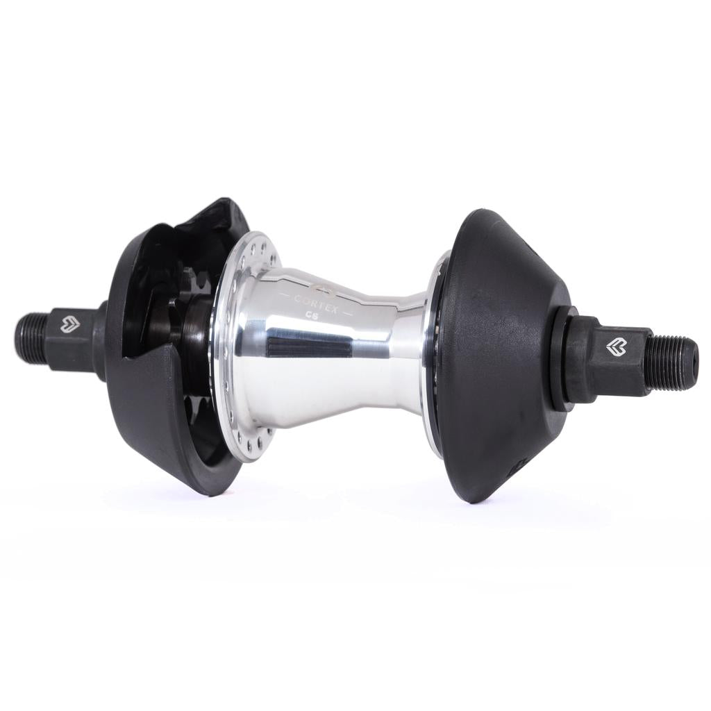 The Eclat Cortex EVO CS Rear Cassette Hub is a chrome BMX street hub with black hub guards on both sides, built for axle pegs and heavy-duty performance.