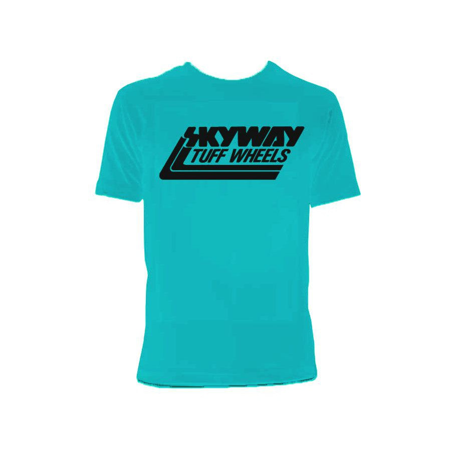 A Skyway Tuff Wheel Retro Classic T-Shirt with the words "Hyway Wheels" on it, featuring a vibrant turquoise color.