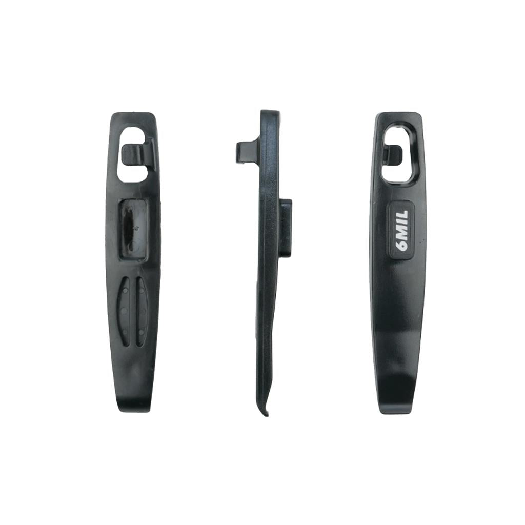 Three black 6MIL TL-01 Tyre Levers, made from durable polymer, are shown from the front, side, and back. One compact and lightweight lever displays "6MIL" in white text.