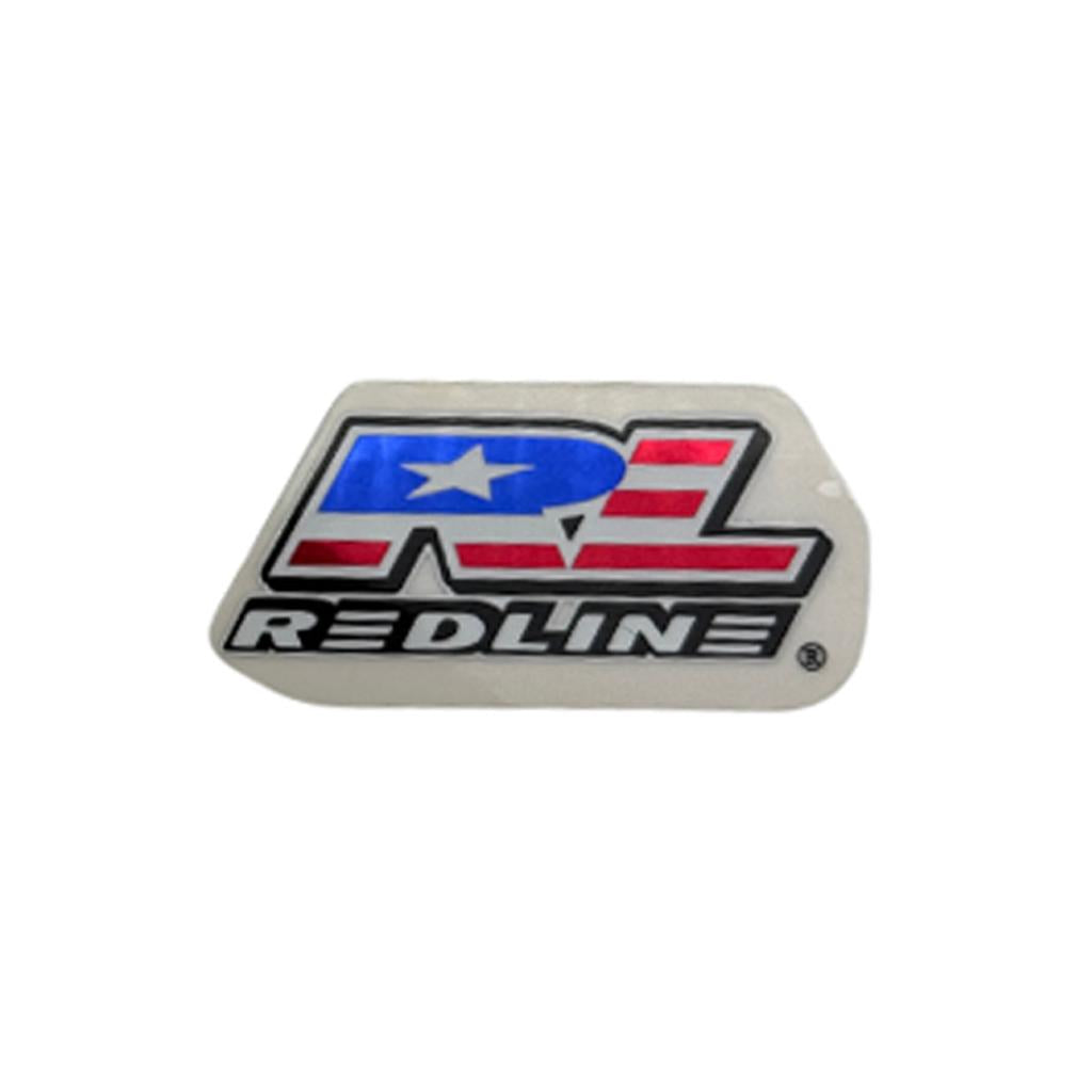 Redline Flag Sticker featuring the letters “RL” with a blue and red striped pattern and a white star, over the word “REDLINE” in black text.