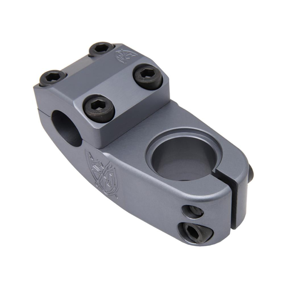 The S&M Enduro V2 Stem is a silver top load stem featuring an engraved design, with four black hex bolts on top and two on the side.