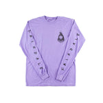 The Fairdale Nora V Long Sleeve T-Shirt is a heavyweight cotton lavender top with "FAIRDLAE" in black on both sleeves and a small black graphic on the left chest.