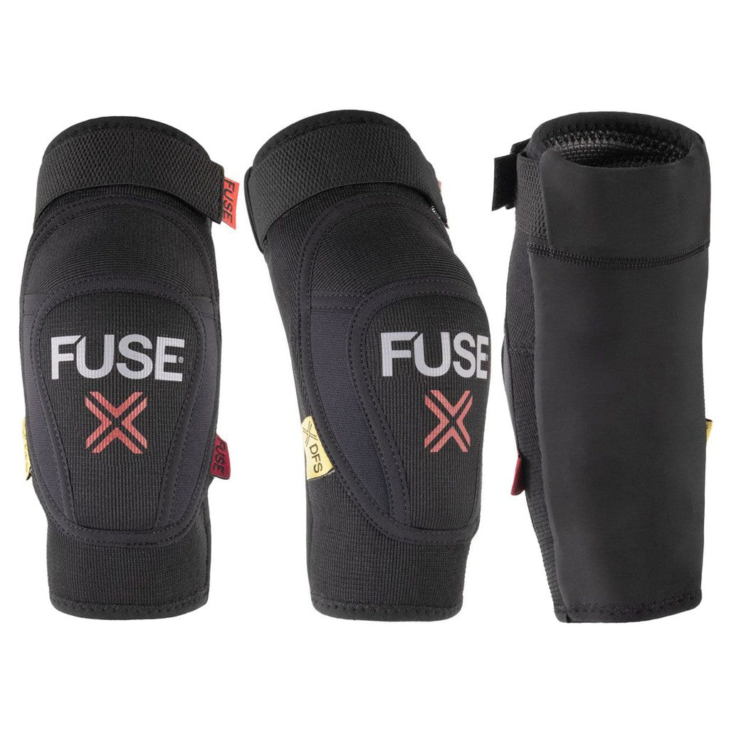 The Fuse Delta Elbow DFS Pads showcase black protective equipment adorned with the "FUSE" logo, highlighted by red accents and incorporating a DFS foam system. Made with breathable neoprene, these pads provide comfort and superior protection.