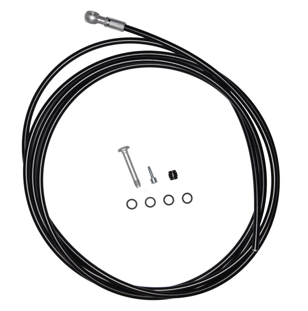 Magura Tubing Hose for MT and MT C Series Brakes with Banjo Fitting includes long black brake tubing, bolt, screw, black cap, banjo fitting, and four small rubber rings displayed on a white background.