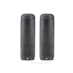Two identical black cylindrical portable speakers, standing upright side by side on a white background, closely resemble a pair of sleek Eclat Emery Axle Pegs.