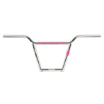 A silver Subrosa OM 4pc Bars BMX handlebar with a crossbar and pink grips on the center and right joint, shown against a white background.