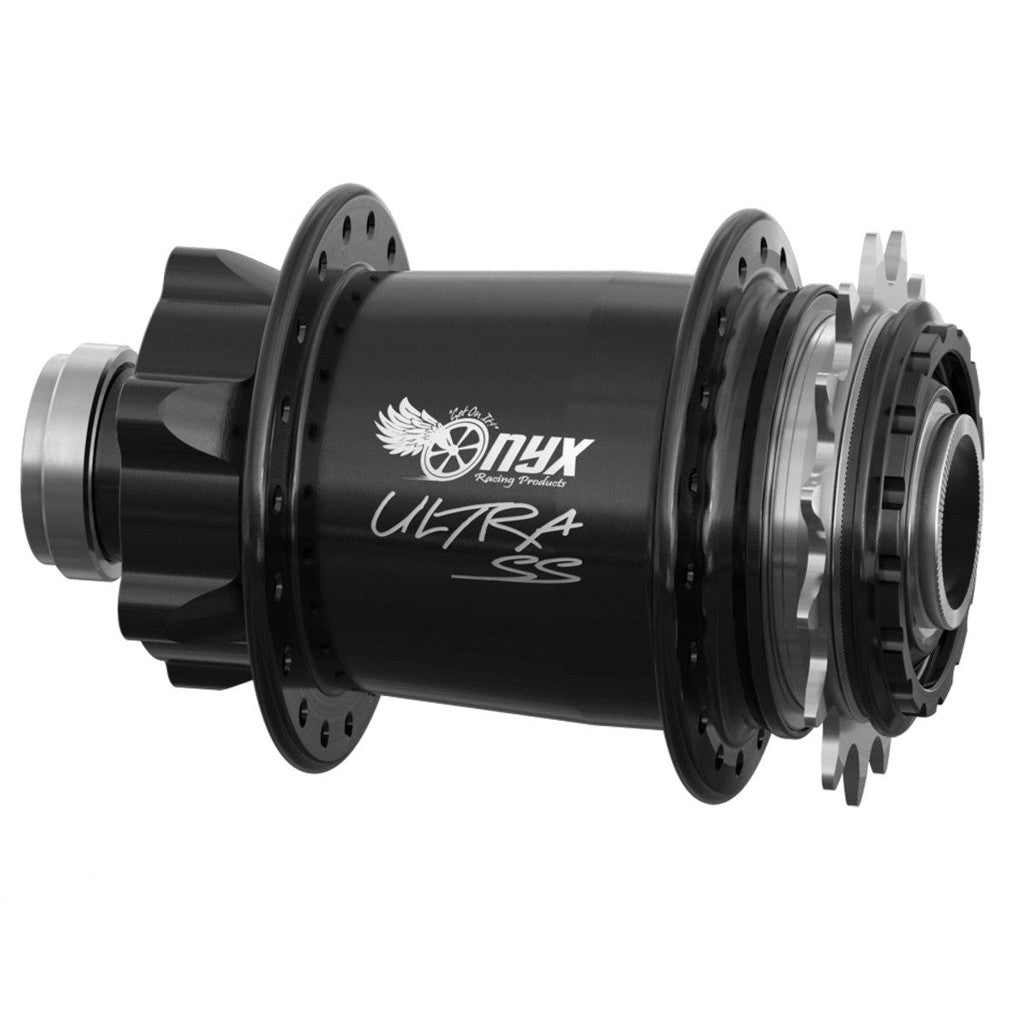 A black Onyx BMX ULTRA SSD ISO OX-110/20mm Thru-bolt Rear Hub with a disc brake mount and sprocket on its sprag internals.