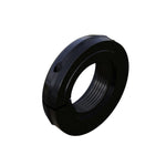 A black, circular Onyx Axle Locking Nut with a threaded inner surface and a small hole on one side, designed as an axle locking collar for Onyx hubs.