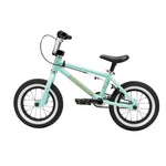 The Fit Misfit 12 Inch Bike is a small, light blue kids' pedal bike featuring black tires, a black seat, and silver handlebars, displayed from the side on a white background.