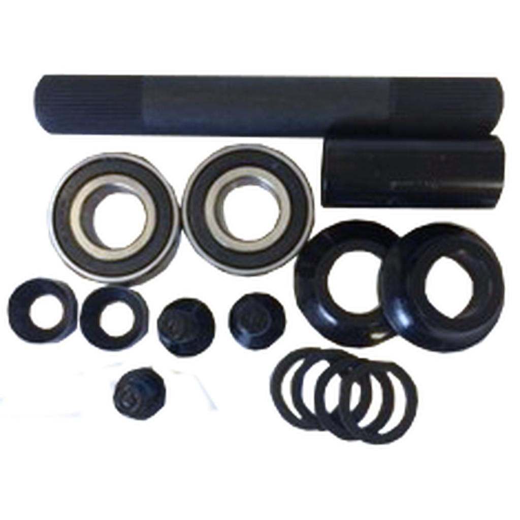 The Fit Bike Co 48 Spline Mid BB Set includes a spindle, bearings, spacers, washers, and bolts—perfect for assembling three-piece cranks or replacing bottom bracket parts—all neatly arranged on a plain background.