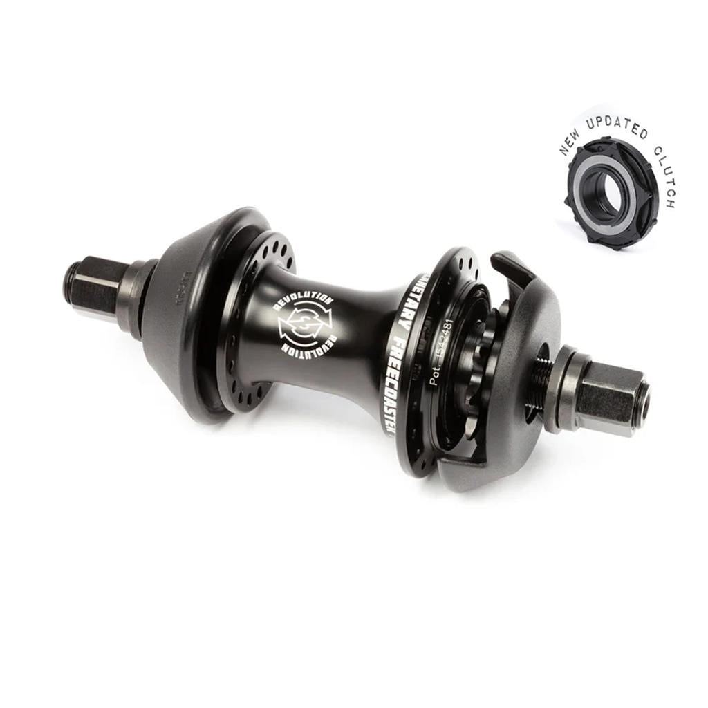 BSD Revolution V1.5 Freecoaster Hub (Male Axle) in black, featuring branded shell and axle bolts; inset highlights the updated planetary clutch mechanism in this advanced BMX freecoaster hub.