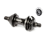 BSD Revolution V1.5 Freecoaster Hub (Male Axle) in black, featuring branded shell and axle bolts; inset highlights the updated planetary clutch mechanism in this advanced BMX freecoaster hub.