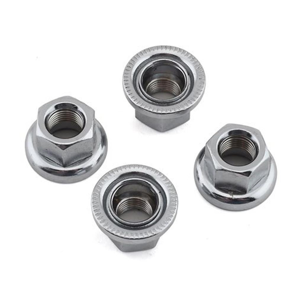 Four MCS Spinner Axle Nuts (4 Pack) with serrated washers are displayed on a white surface, evoking the style of classic retro BMX components.