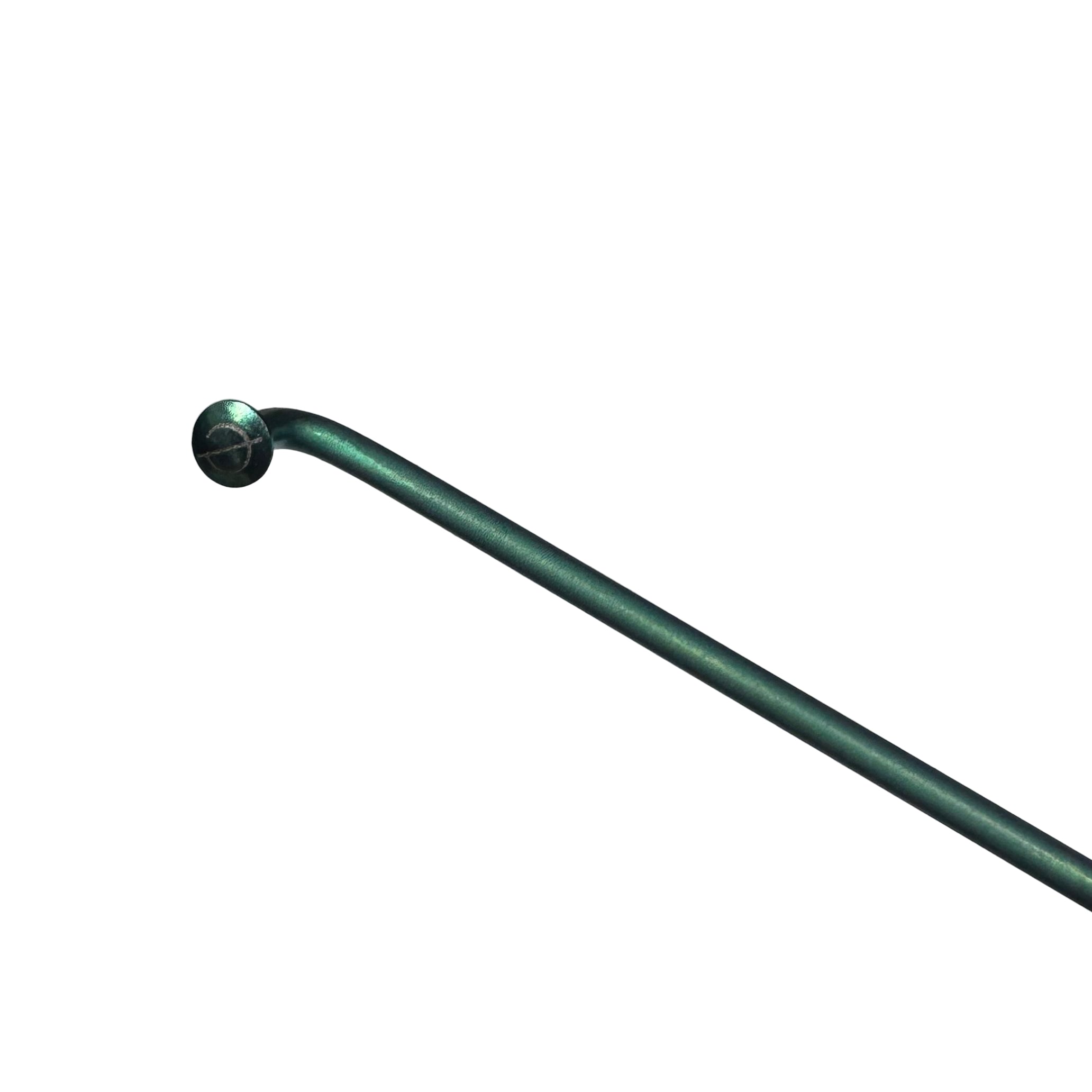 A close-up of the Spectre Titanium V3 14g Spoke in teal, featuring a ball-shaped end, photographed against a white background—ideal for lightweight or custom cut bike spoke projects.