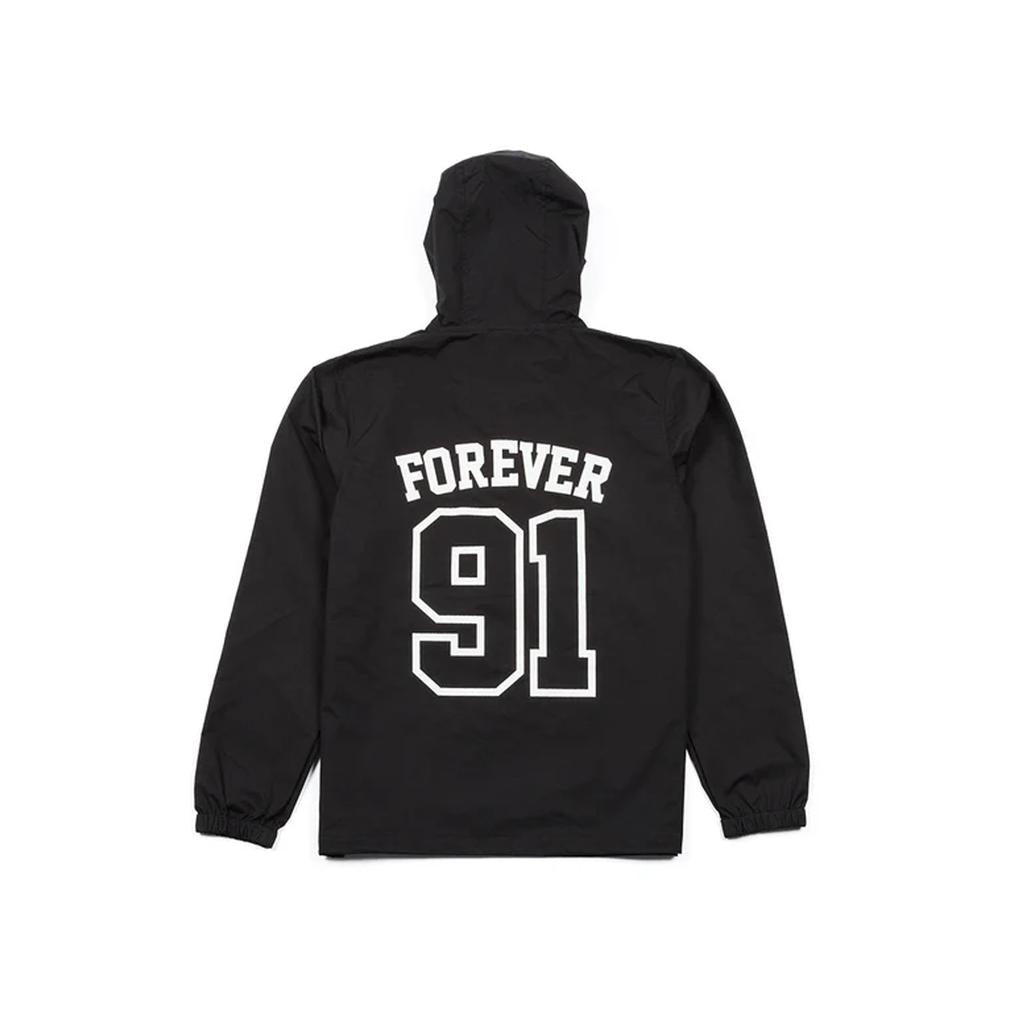 The BSD Athletic 91 Windbreaker Jacket is a black, hooded, waterproof nylon jacket with "FOREVER" and "91" in bold white print on the back.