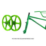 Skyway Street Beat 20 Inch Bike shown with bright green BMX wheels and partial frame, displayed separately on white background for color reference only.