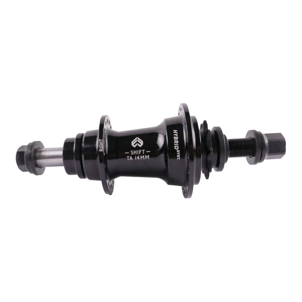 Eclat Shift TA (Thru Axle) Hybrid Rear Hub in black from WETHEPEOPLE, featuring the advanced TA hub system with axles and hardware included for attachment.