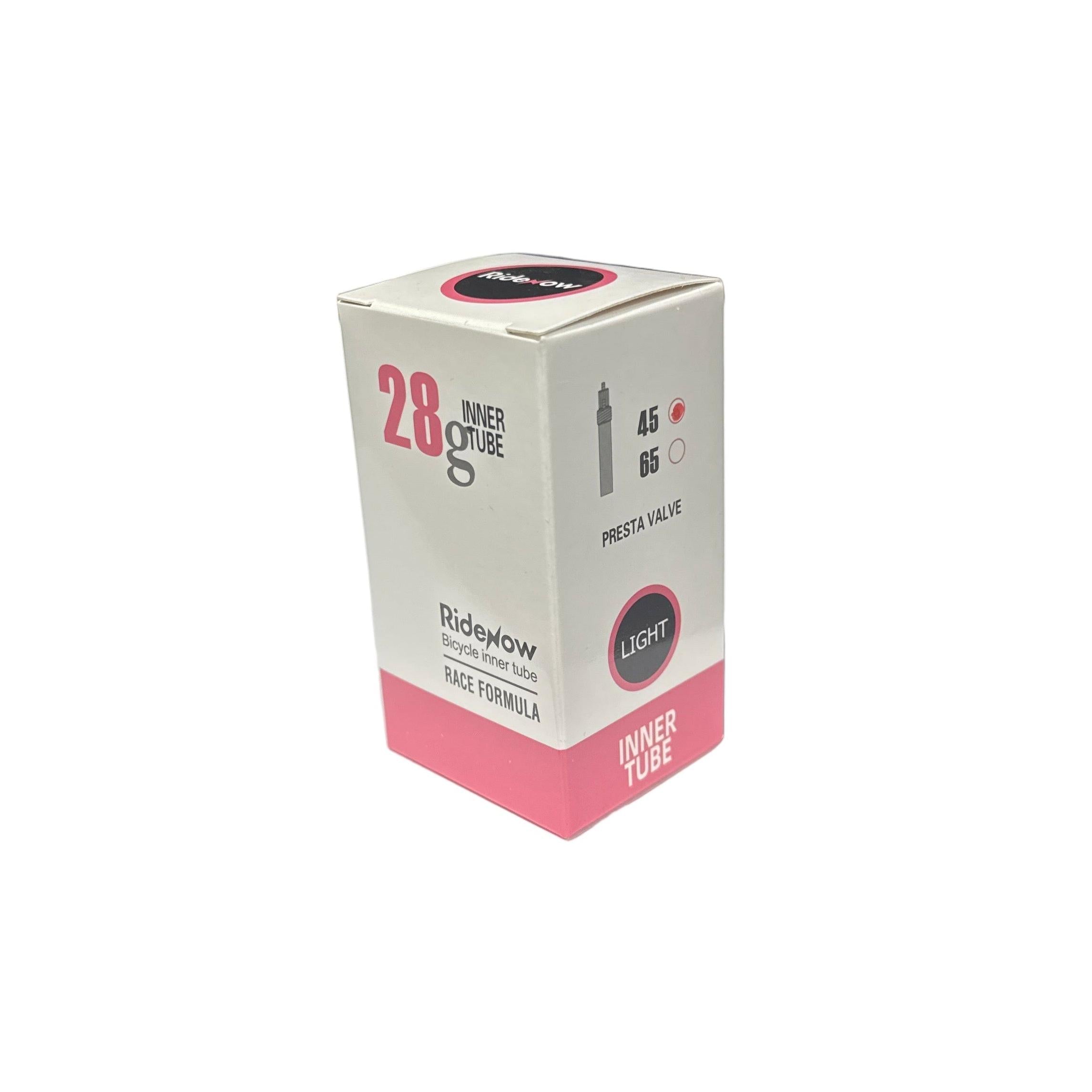 A white and pink "RideNow TPU 20 Inch Tube Presta Valve (French Valve) / 406mm" box for bicycles, featuring an ultra-light race formula tube—perfect for those seeking a lightweight TPU inner tube.