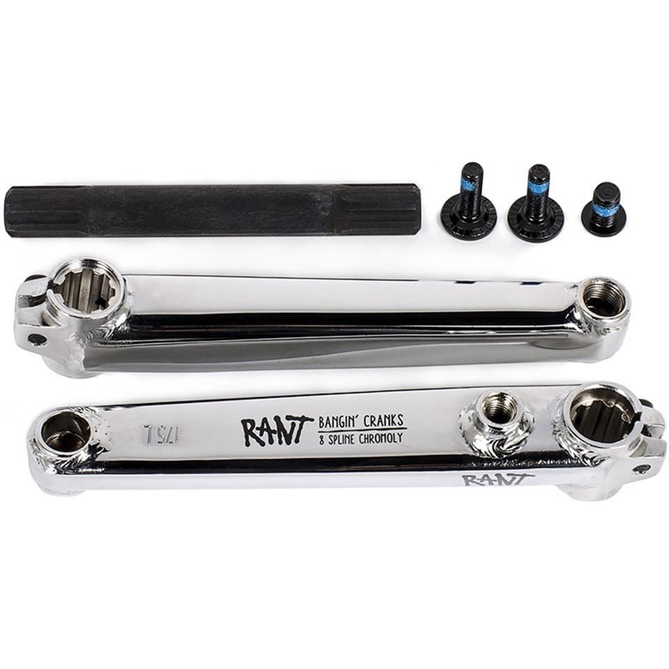 Rant Bangin Cranks in chrome, featuring two crank arms, a spindle, and four bolts, displayed on a white background.