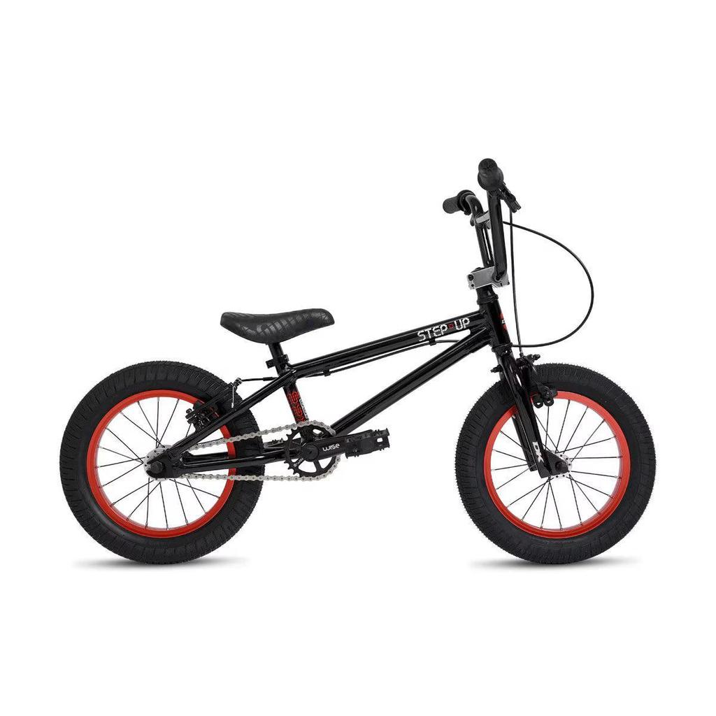 The DK Step Up 14 Inch Bike is a black kids BMX with red-rimmed wheels, black handlebars, a "STEP UP" logo on the top tube, and a lightweight aluminum frame, shown on a white background.