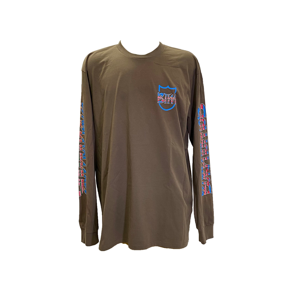 A LIMITED-EDITION S&M BTM Serape long sleeve t-shirt with a blue and red logo.