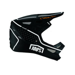 A black full-face BMX 100% Status Helmet Dreamflow Black with white and orange accents, featuring a "100 Percent" logo on the side, available in youth sizes.