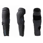 The Fuse Echo 100 Knee/Shin Combo Pads (Pair) are shown from different angles, featuring impact-absorbing padding, adjustable straps, and reinforced sections for superior protection.