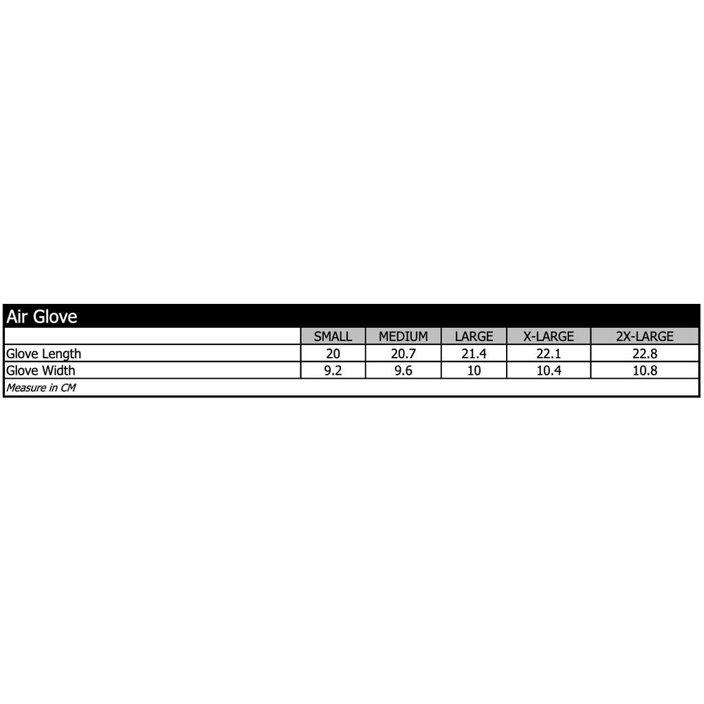 Size chart for TLD 26.1 Air Glove / Mono Fuchsia, showing glove length (20–22.8 cm) and width (9.2–10.8 cm) in centimeters for sizes Small to 2X-Large.