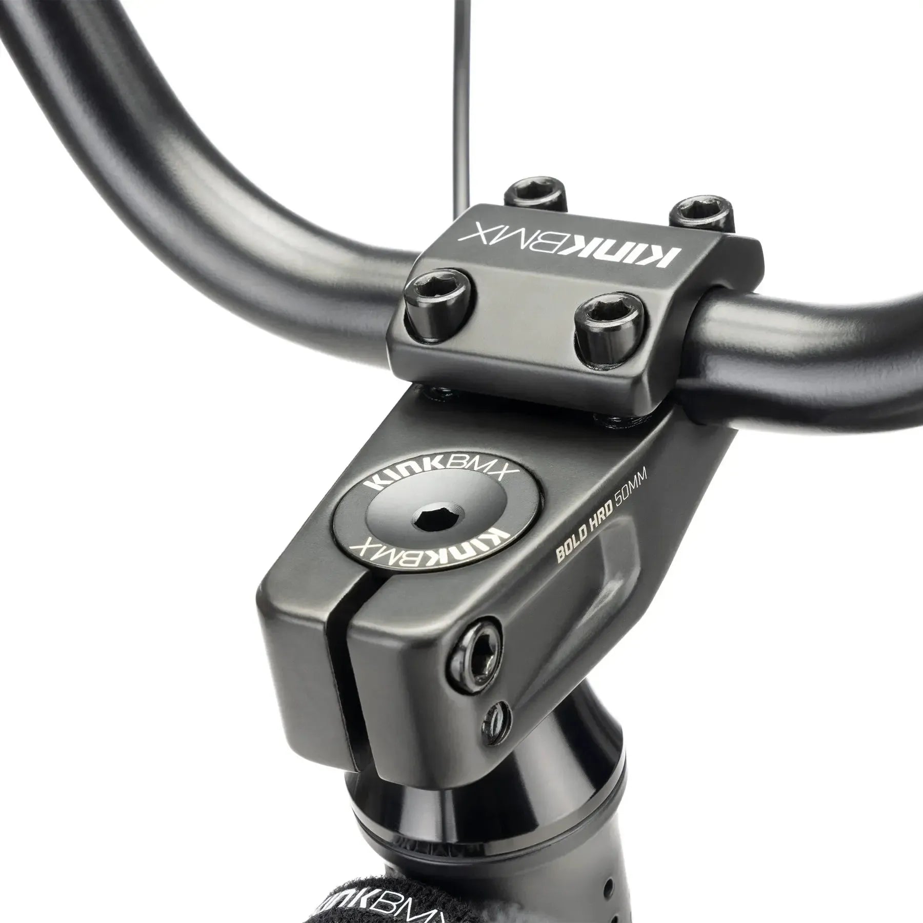 Close-up view of the Kink Whip 20 Inch Bike (2026) showing its black stem and handlebars, bolt fittings, Kink BMX branding on the stem, and durable 4130 chromoly construction.
