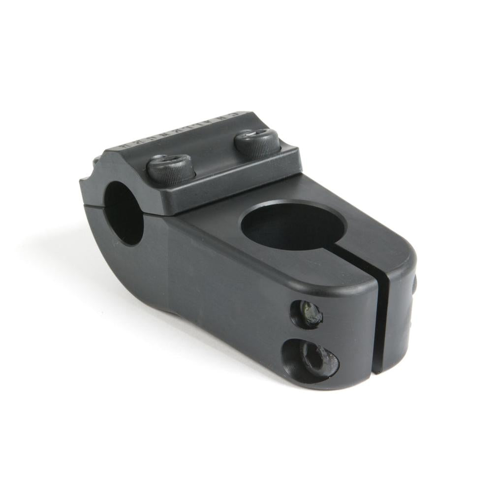 The S&M Challenger Stem is a black metal BMX stem made in the USA, featuring a top two-bolt design and split clamp for secure handlebar or fork installation.