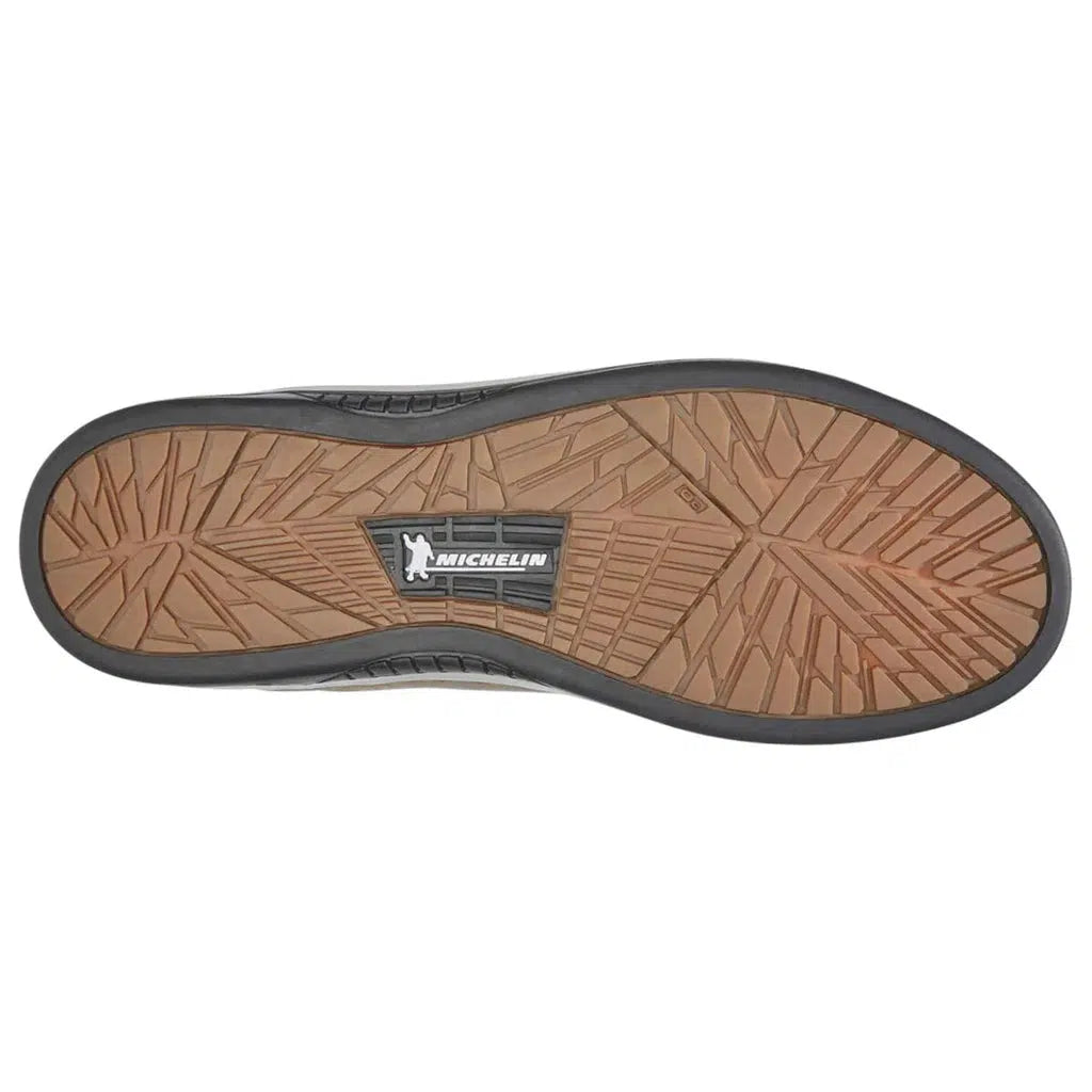 The image displays the sole of the Etnies Marana Michelin Shoe in White/Gum/Black, highlighting its tread pattern. It's reinforced with Michelin performance rubber for lasting durability and prominently features the iconic Michelin logo at its center, making it an excellent choice for skateboarders.