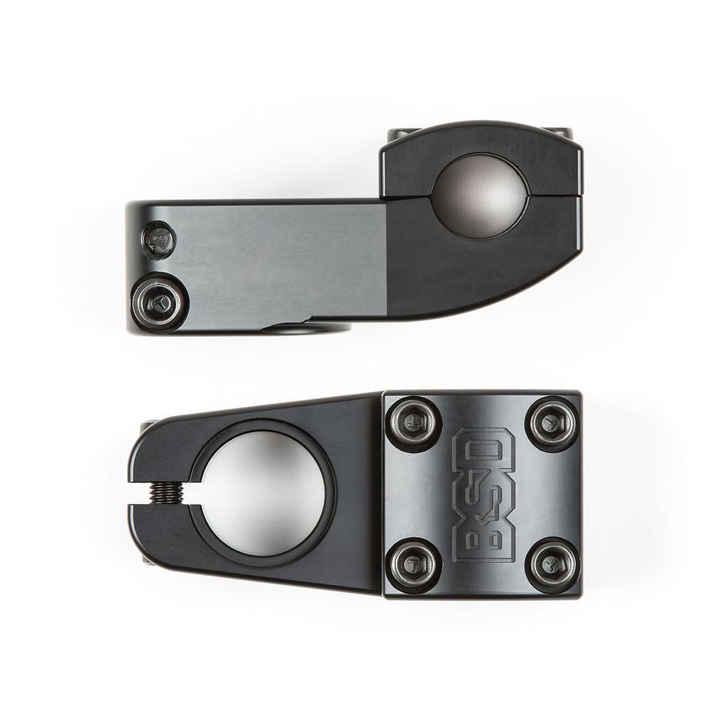 Two views of the BSD Stacked Stem (22.2mm Clamp) in black metal, with a 33mm rise, four top bolt holes, and an engraved "BSD" logo, are shown from side and top against a white background.