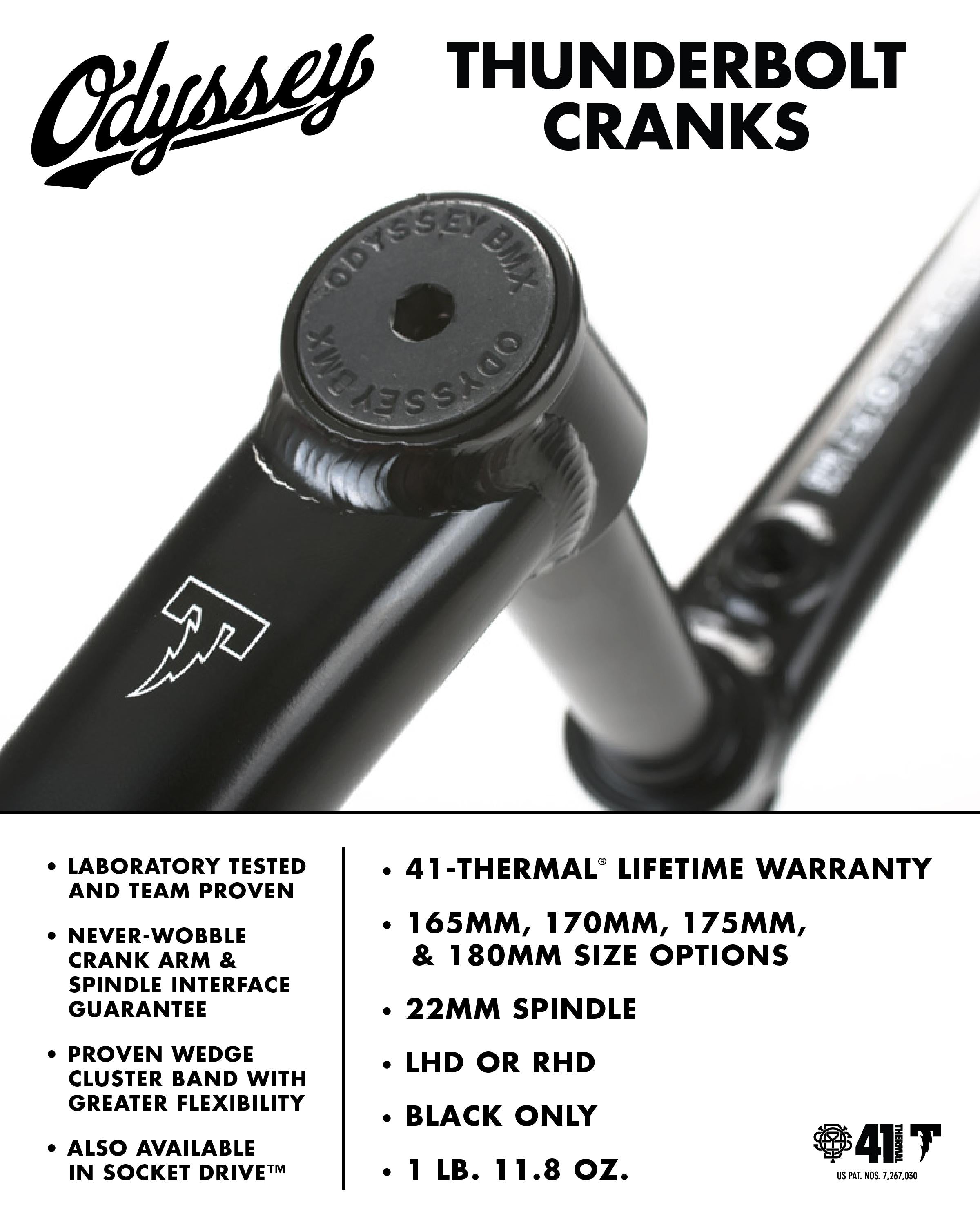 Close-up of Odyssey Thunderbolt Cranks in black, crafted from durable chromoly. Visible logo and specs. Text highlights 41-Thermal processing, key features, and included warranty details.