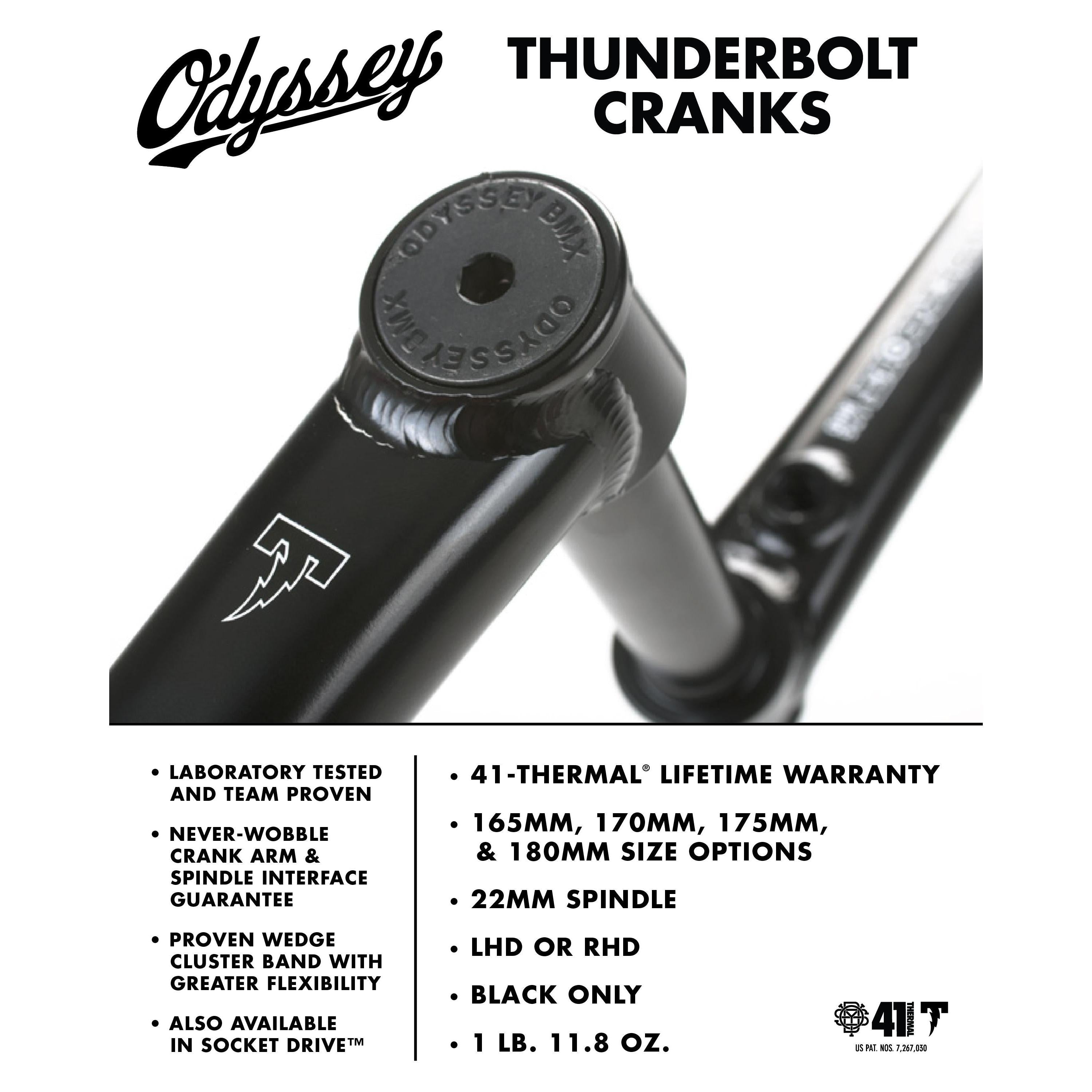 Close-up of Odyssey Thunderbolt Cranks in black, crafted from durable chromoly. Visible logo and specs. Text highlights 41-Thermal processing, key features, and included warranty details.