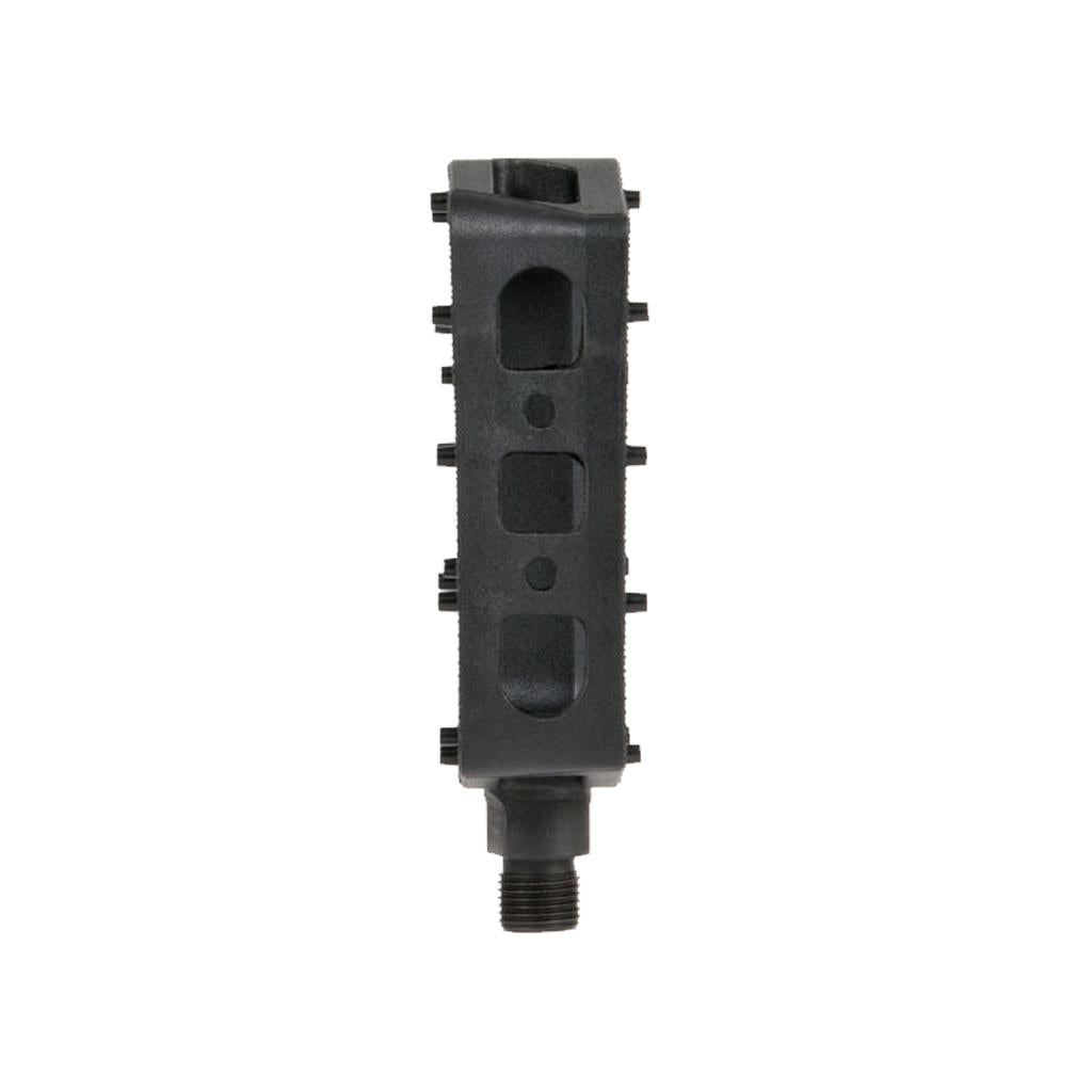 The image shows Fit Mac Plastic Pedals, black and rectangular with multiple slots and attachment points, featuring a concave design, viewed from the front against a white background.
