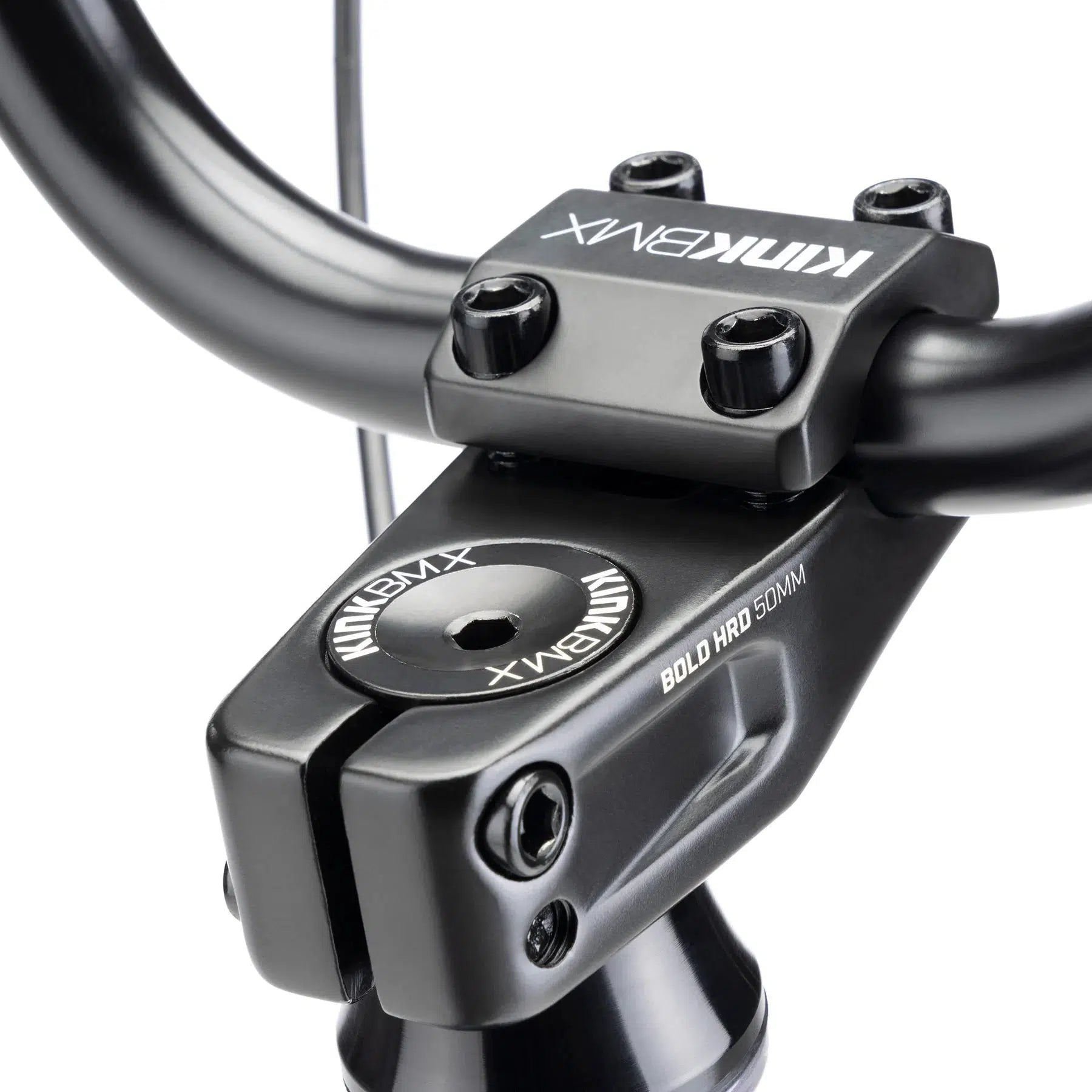 Close-up of a black BMX bike stem featuring the brand name "Kink BMX" and markings "Bold HRD 50mm." The image emphasizes the bolts and intricate design details, highlighting the superior ride quality ideal for younger riders on their Kink Kicker 18 Inch Bike.