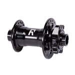 The Radio Sonar Disc Front Hub is a super light black MTB front hub with multiple spoke holes per flange, side logo, and 100mm x 15mm thru axle design, shown on a white background.