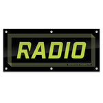 The Radio Shop Banner features "RADIO" in bold yellow-green letters on a black rectangular background with a thin geometric border—ideal for shop displays or as an eye-catching banner for event decor.