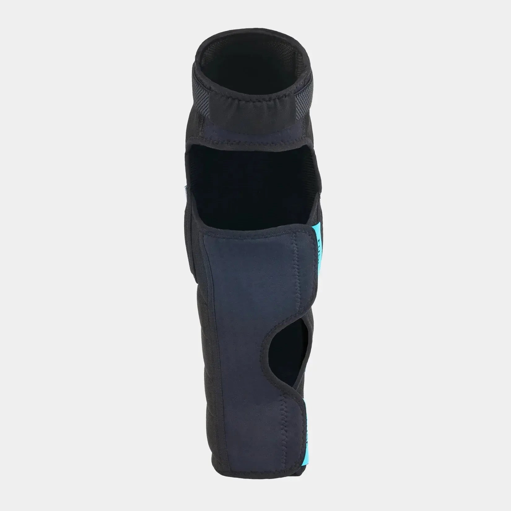 A pair of black Fuse Echo 100 Knee Shin Combo Pads with adjustable straps and blue accents, designed for impact absorption, displayed upright against a plain light background.
