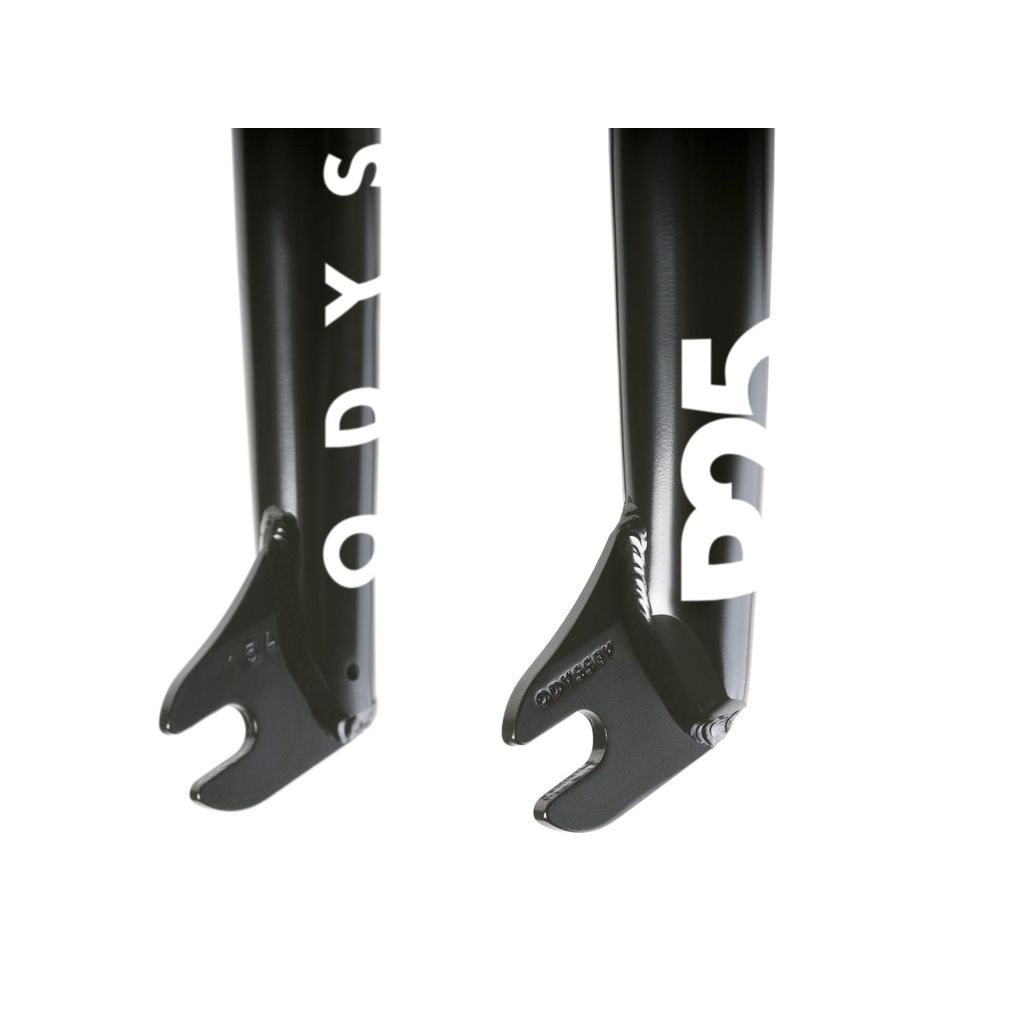 Close-up view of the Odyssey R25 Forks in black, featuring "ODYS" and "25" in white text, expertly crafted from durable 4130 chromoly steel.