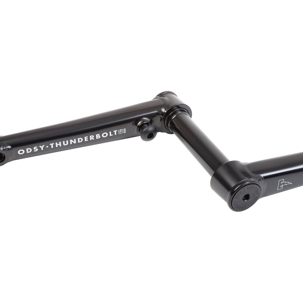 Close-up of Odyssey Thunderbolt Cranks in black, featuring a visible logo, clean metallic finish, and strong chromoly construction for lasting durability.