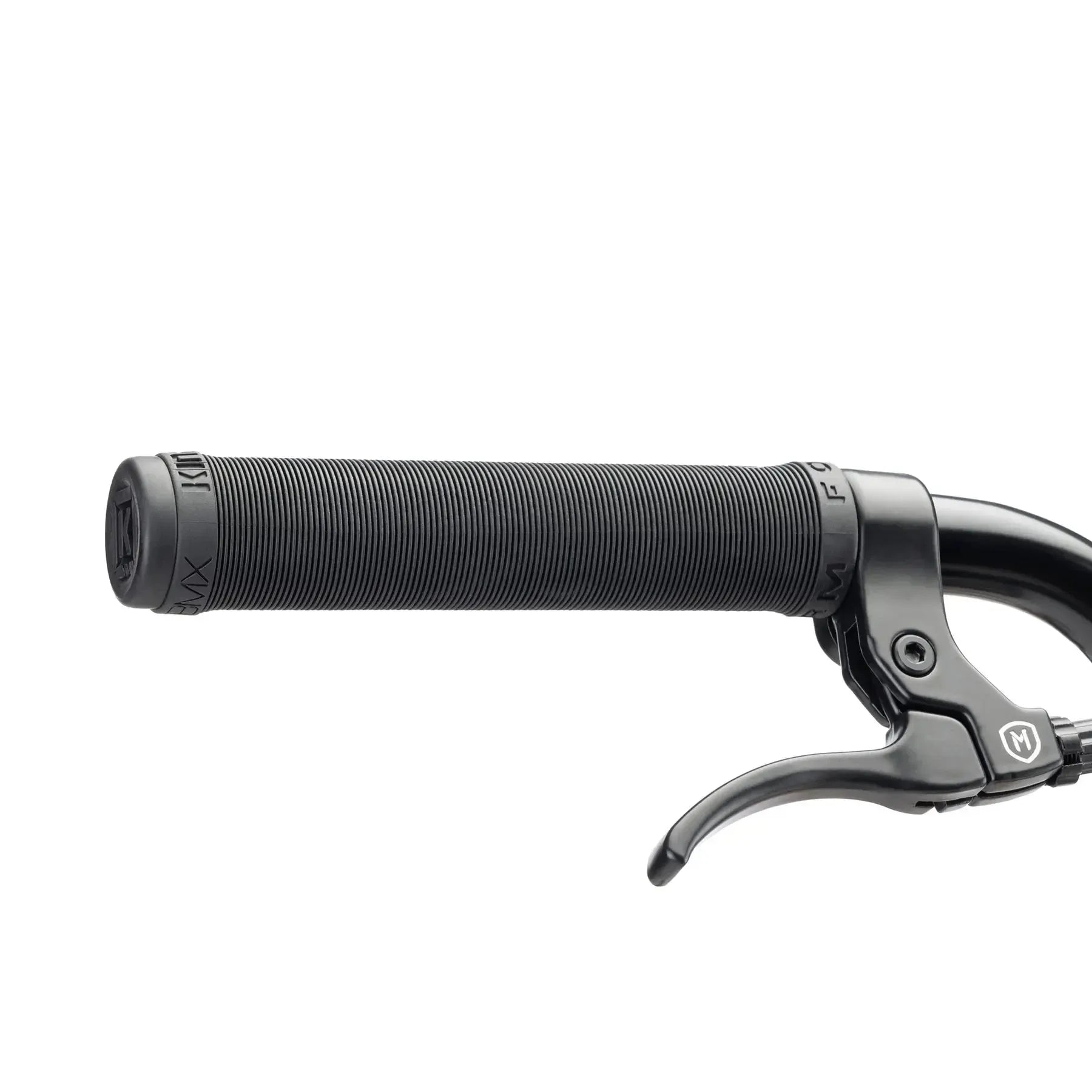Close-up of the Kink Whip 20 Inch Bike (2026) showing its black BMX handlebar with a textured rubber grip, brake lever, and durable 4130 chromoly construction against a white background.