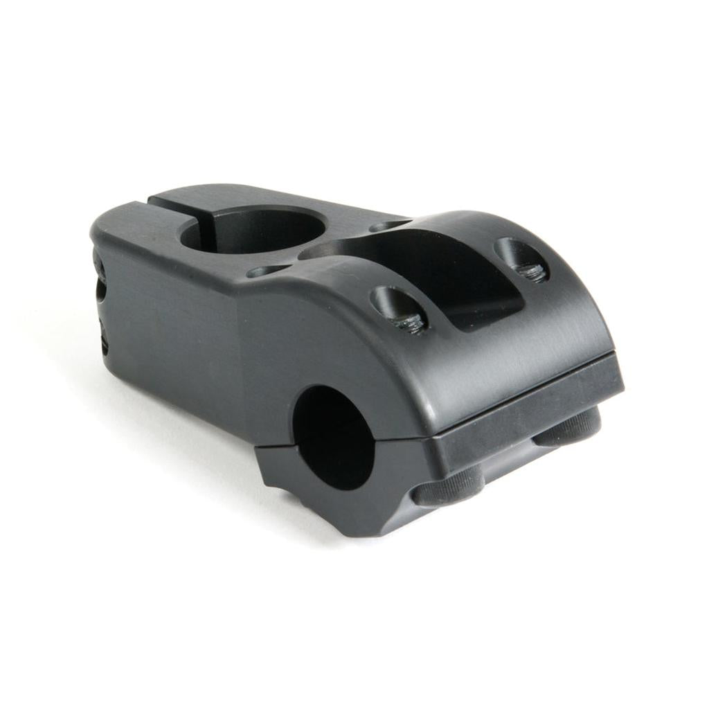 The S&M Challenger Stem is a black metal BMX stem featuring bolt holes and a clamp to attach handlebars to a fork, designed for strength and reliability.